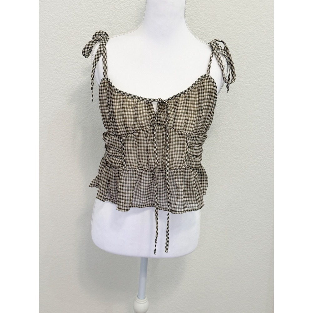 American Eagle Brown Gingham Tie Strap Smocked Peplum Cami Top Medium NWT